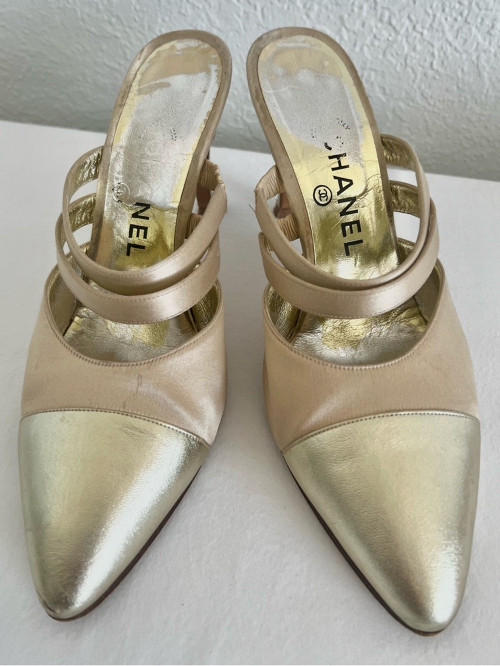 Chanel Dual Strap Satin Mules Vintage